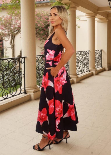 AX Paris Black & Cerise Floral Print Square Neck A-line Midi Dress