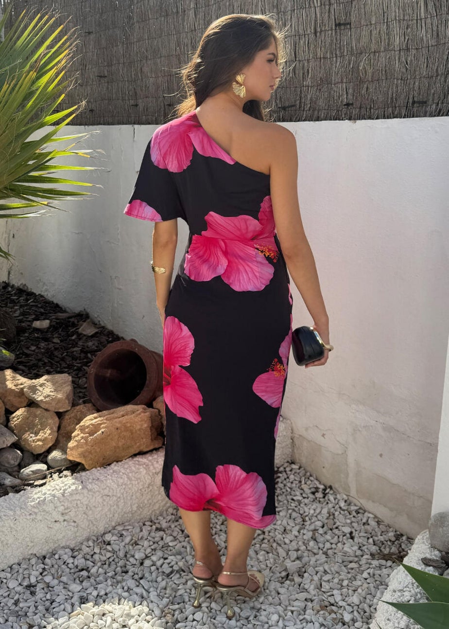 AX Paris Black & Magenta Floral Print One Sleeve Midi Dress