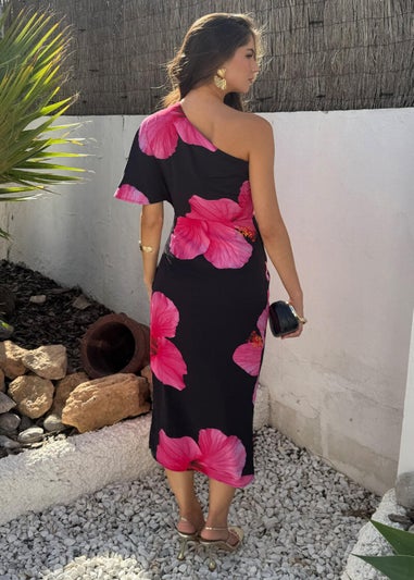 AX Paris Black & Magenta Floral Print One Sleeve Midi Dress