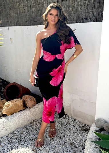 AX Paris Black & Magenta Floral Print One Sleeve Midi Dress