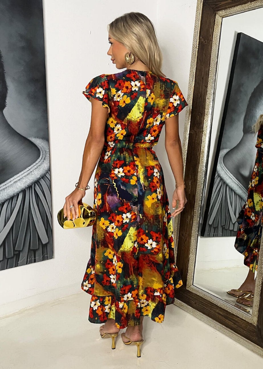 AX Paris Multi Floral Print Frill Hem Wrap Midi Dress