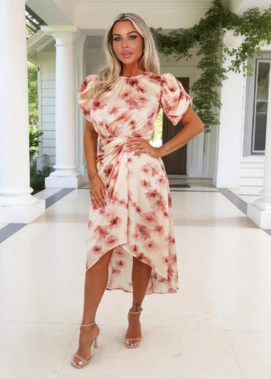 AX Paris Blush Floral Print Puff Sleeve Gathered Side Midi Dress