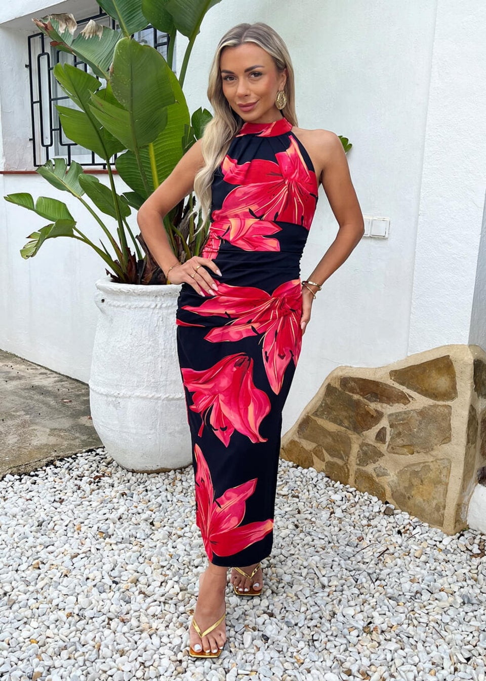 AX Paris Black & Coral Red Floral Print Halter Neck Midi Dress