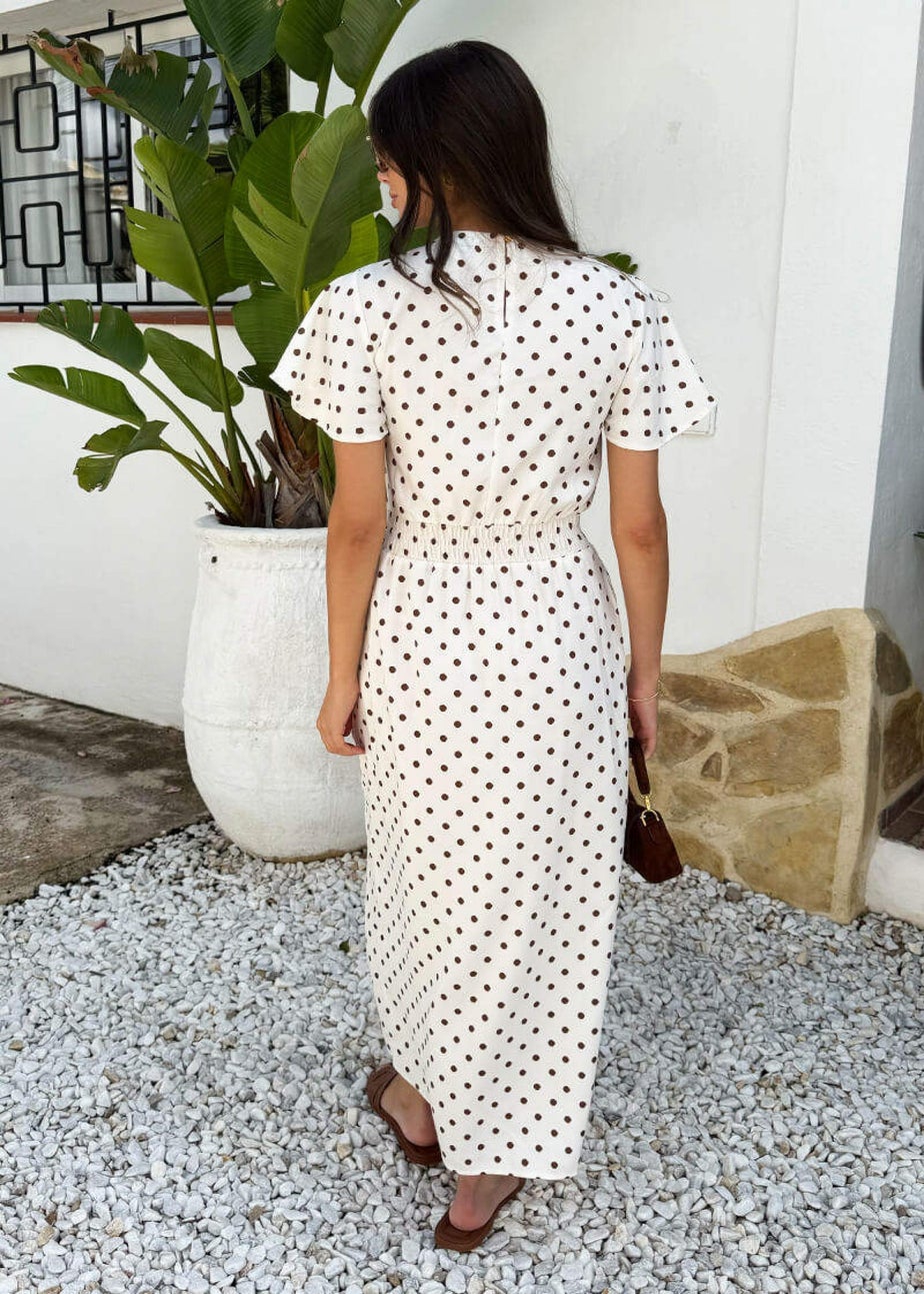 AX Paris Cream & Brown Polka Dot Flutter Sleeve Midi Dress
