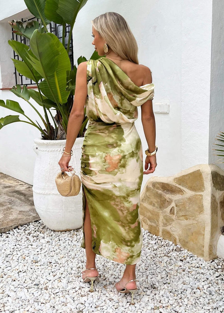AX Paris Lime Marble Print Off The Shoulder Midi Dress
