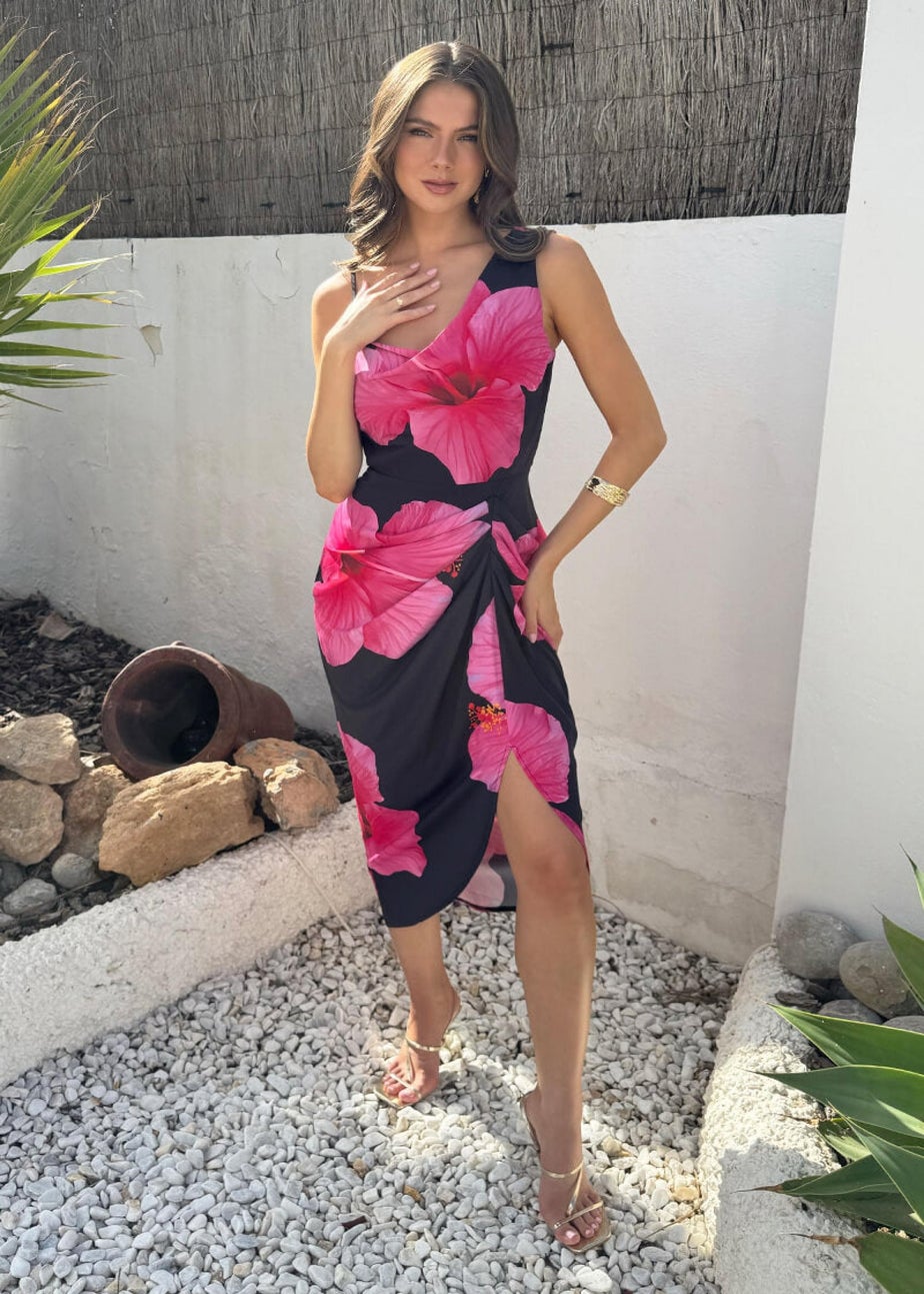 AX Paris Black & Magenta Floral Print Strap Detail Gathered Midi Dress