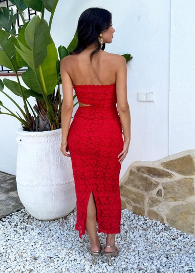 AX Paris Red Embroidered Overlay Bandeau Cut Out Midi Dress
