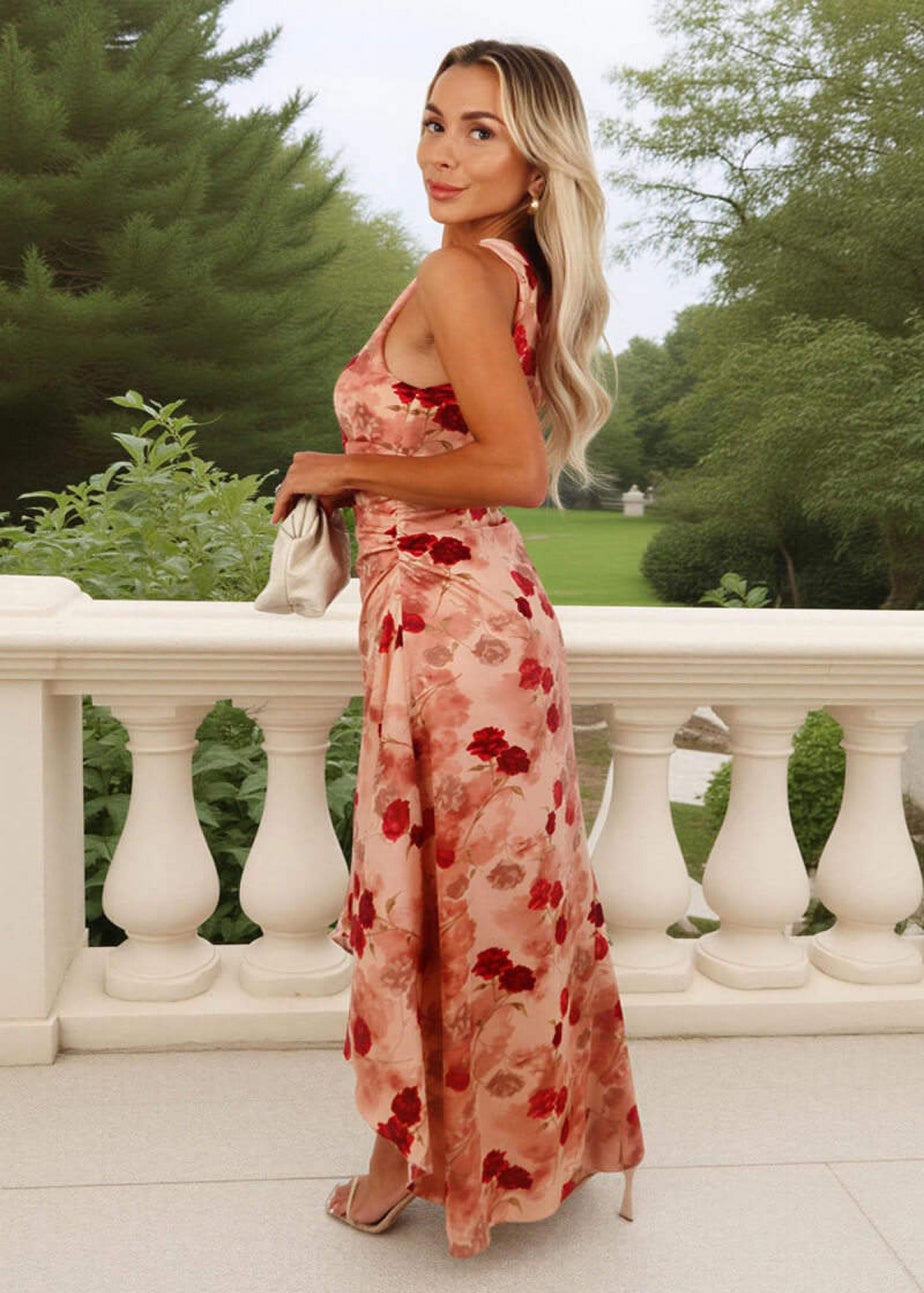 AX Paris Blush Rose Print One Shoulder Dipped Hem Midi Dress