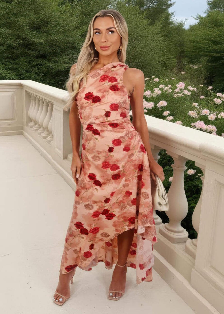 AX Paris Blush Rose Print One Shoulder Dipped Hem Midi Dress