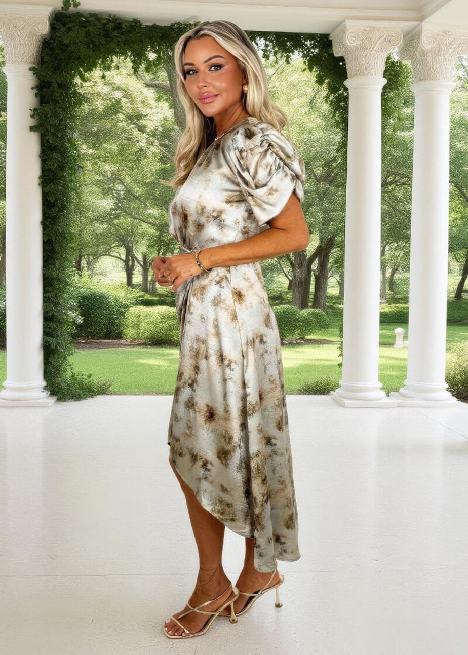 AX Paris Multi Smudge Print Puff Sleeve Gathered Side Midi Dress