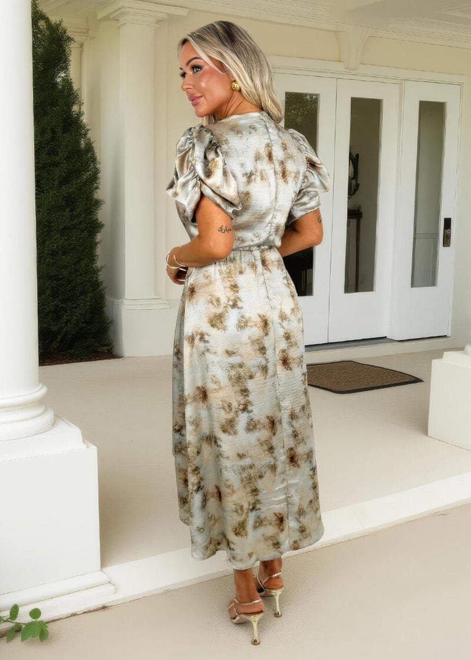 AX Paris Multi Smudge Print Puff Sleeve Gathered Side Midi Dress