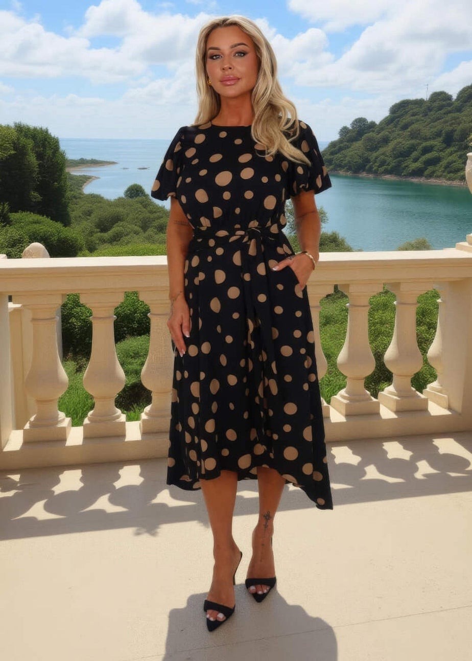 AX Paris Black &  Stone Polka Dot Puff Sleeve Tie Waist Midi Dress