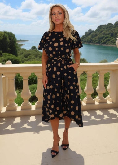 AX Paris Black &  Stone Polka Dot Puff Sleeve Tie Waist Midi Dress