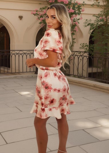 AX Paris Blush Floral Print Puff Sleeve Frill Hem Mini Dress