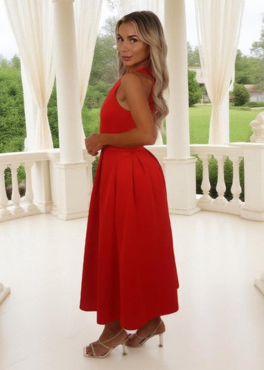 AX Paris Blood Orange Racer Neck Pleated Skirt Midi Dress