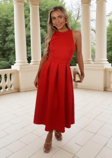 AX Paris Blood Orange Racer Neck Pleated Skirt Midi Dress