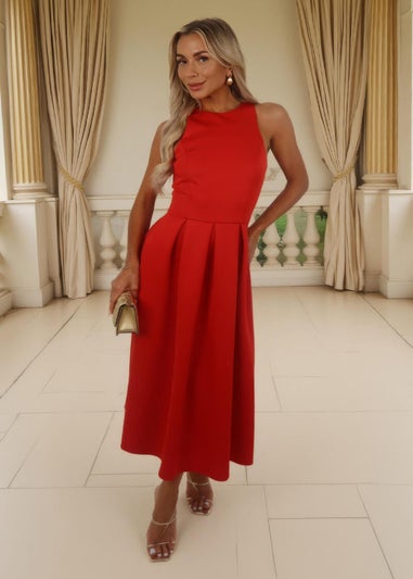 AX Paris Blood Orange Racer Neck Pleated Skirt Midi Dress