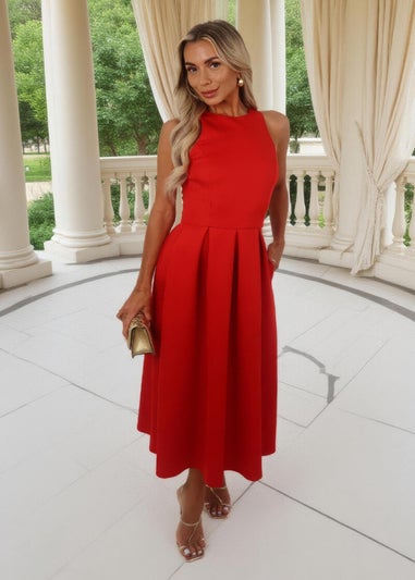 AX Paris Blood Orange Racer Neck Pleated Skirt Midi Dress