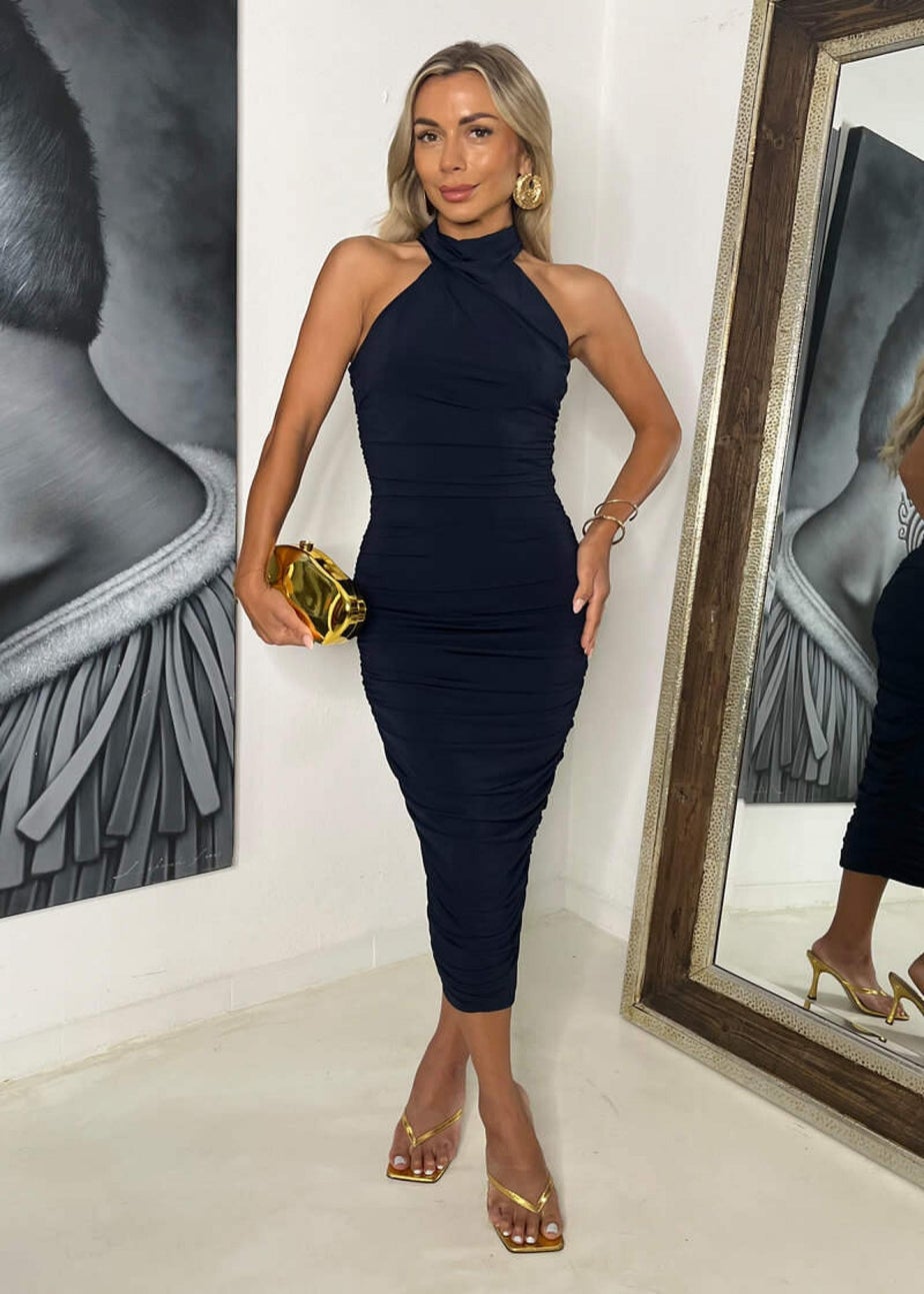 AX Paris Navy Draped Halter Neck Ruched Midi Dress