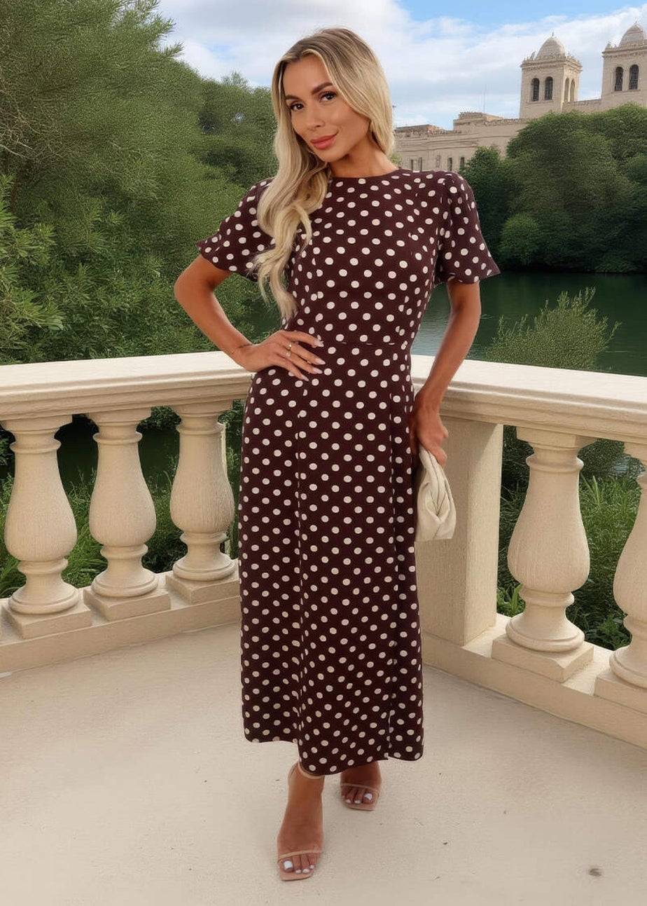 AX Paris Chocolate Polka Dot Print Puff Sleeve Midi Dress