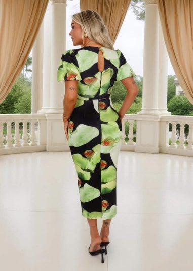 AX Paris Black And Green Floral Print Puff Sleeve Midi Dress