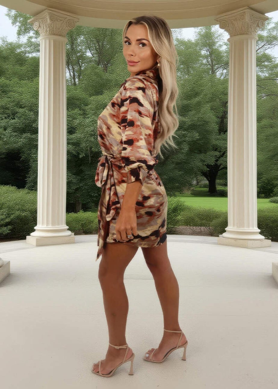AX Paris Brown Smudge Print Tie Waist Wrap Shirt Mini Dress