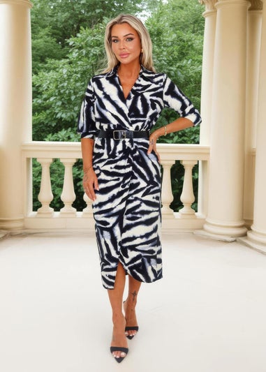 AX Paris Black & White Animal Print Belted Wrap Shirt Midi Dress