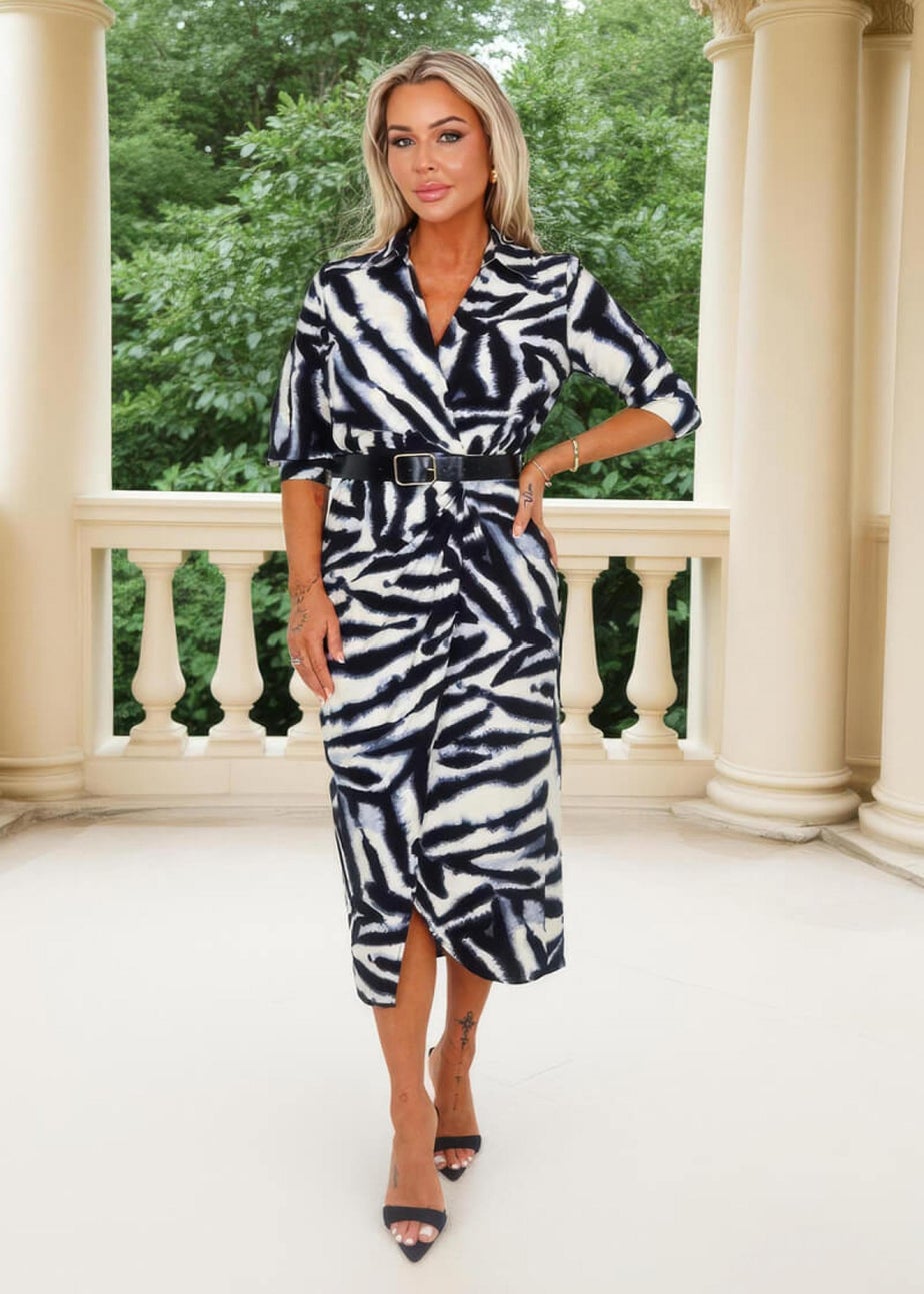 AX Paris Black & White Animal Print Belted Wrap Shirt Midi Dress