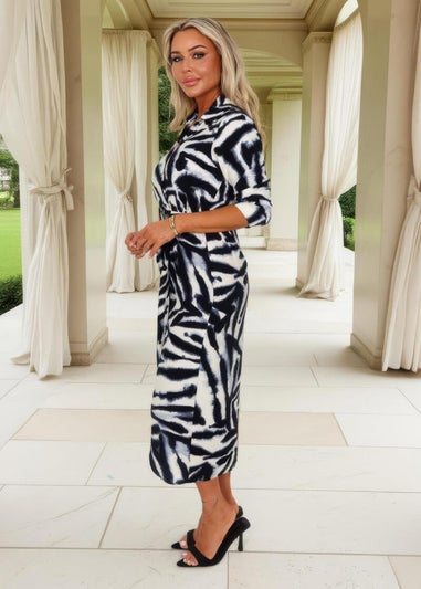 AX Paris Black & White Animal Print Belted Wrap Shirt Midi Dress