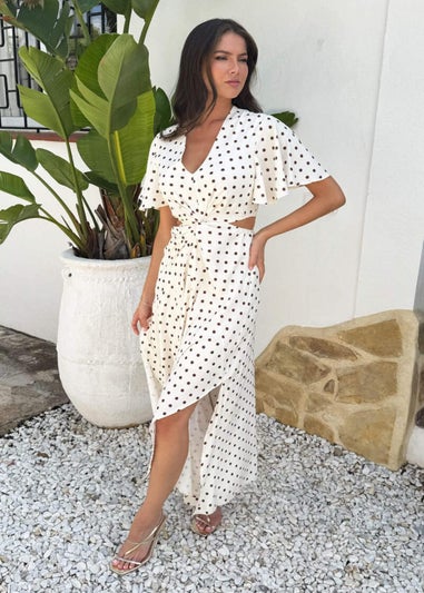 AX Paris Cream And Brown Polka Dot Cut Out Knot Detail Midi Dress