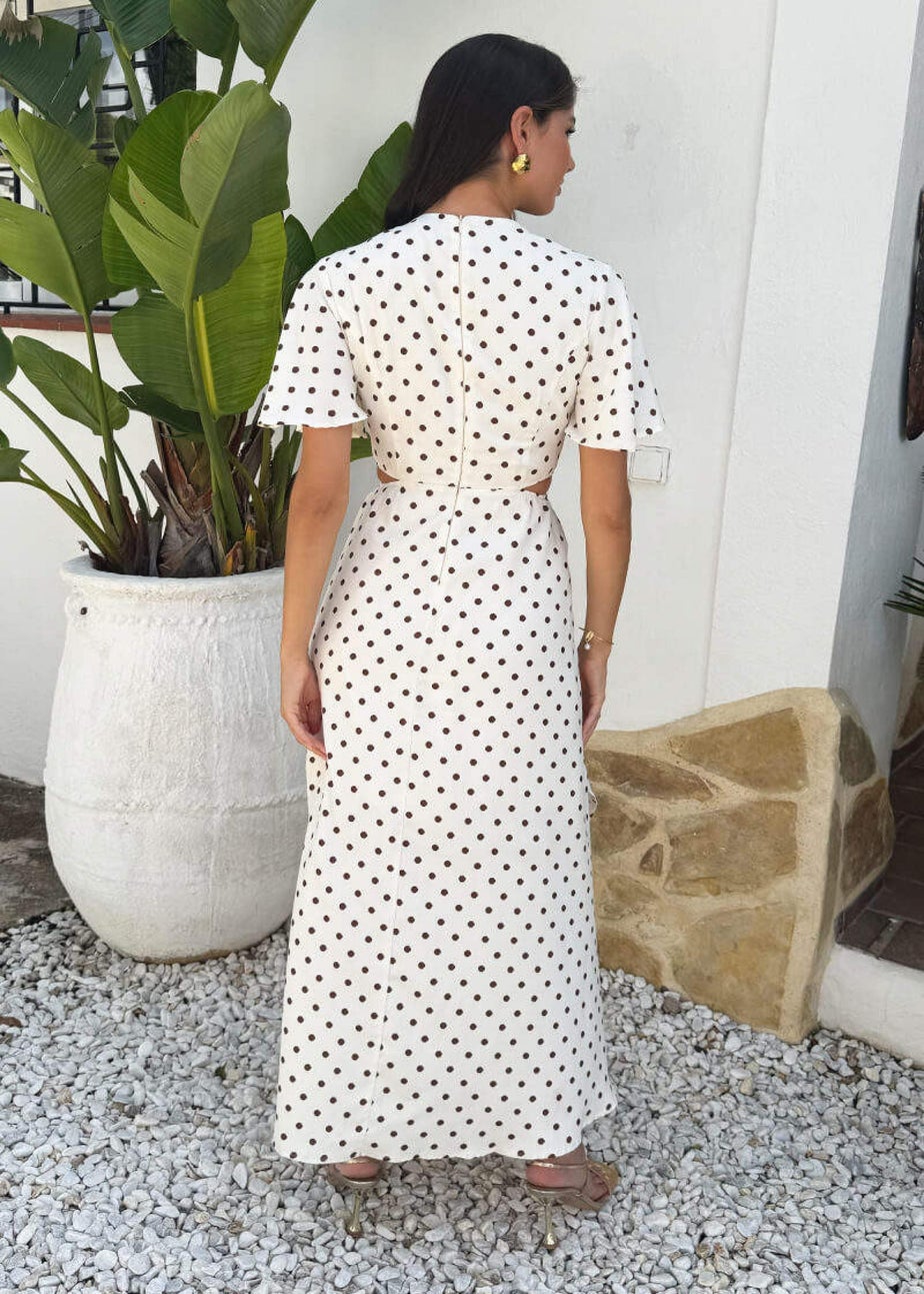 AX Paris Cream And Brown Polka Dot Cut Out Knot Detail Midi Dress