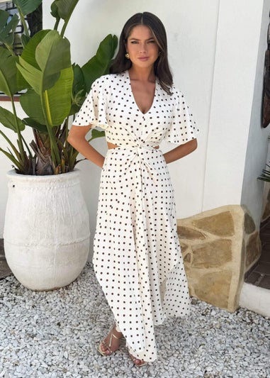 AX Paris Cream And Brown Polka Dot Cut Out Knot Detail Midi Dress