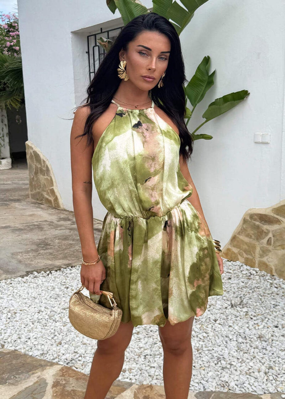 AX Paris Lime Marble Print Racer Neck Bubble Hem Mini Dress