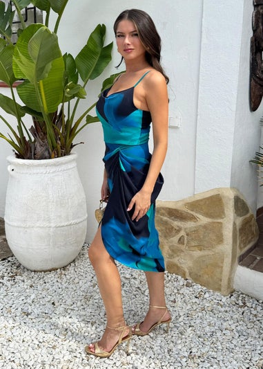 AX Paris Navy Bold Floral Print Gathered Skirt Strappy Midi Dress