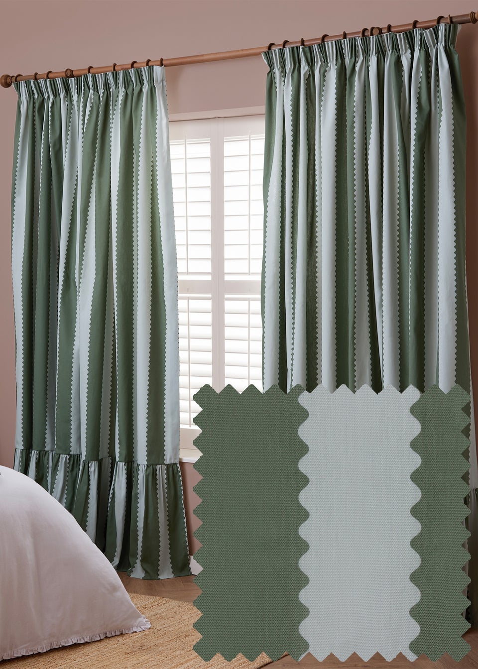 Wylder Birdie Stripe Ruffle Baygreen/Mist Pencil Pleat Curtain Pair