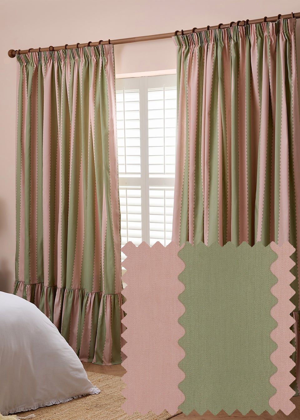Wylder Birdie Stripe Ruffle Pink/Green Pencil Pleat Curtain Pair