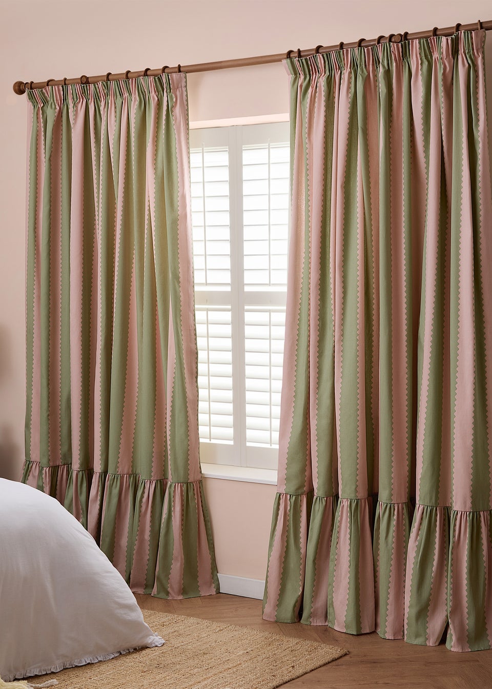 Wylder Birdie Stripe Ruffle Pink/Green Pencil Pleat Curtain Pair