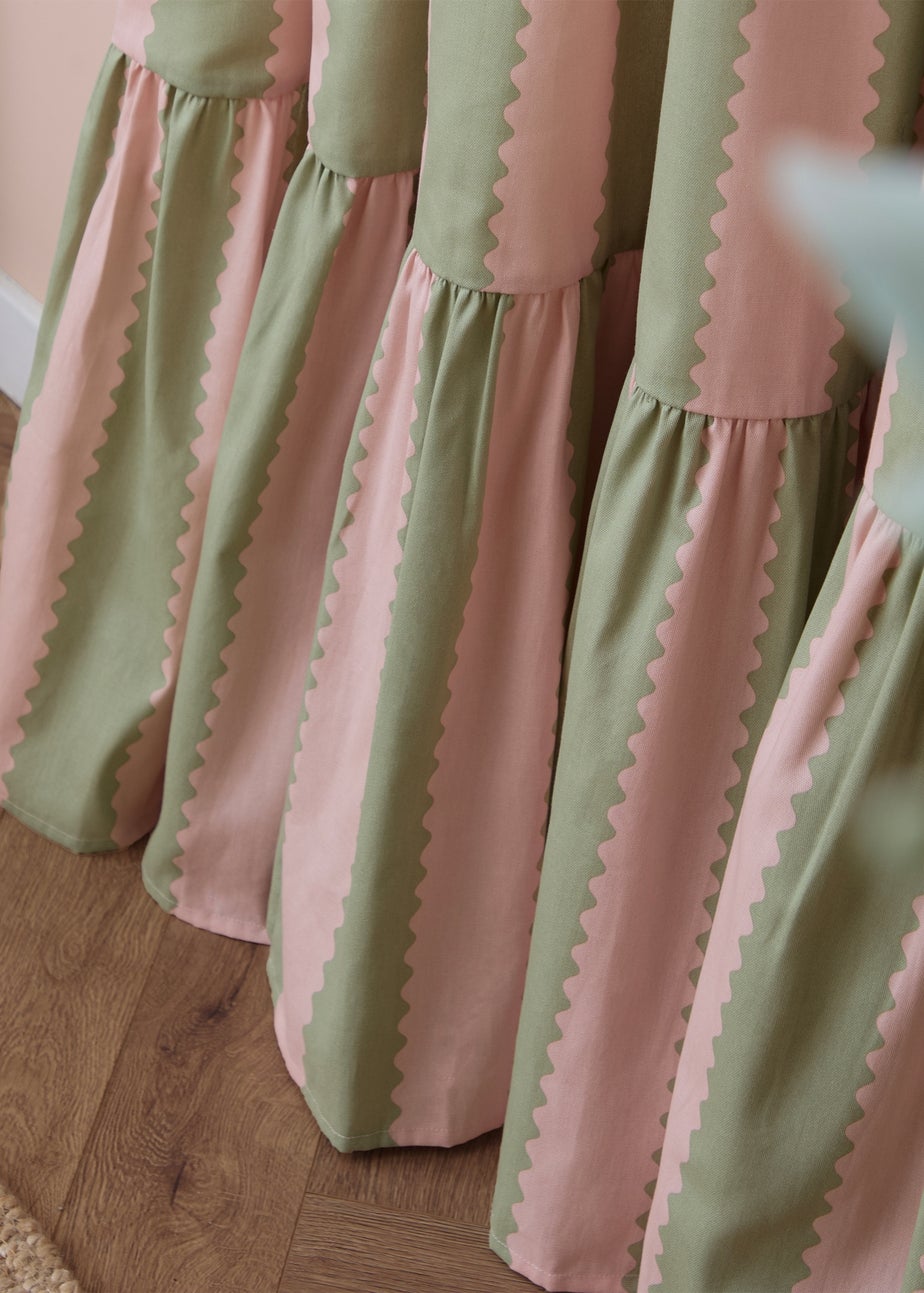 Wylder Birdie Stripe Ruffle Pink/Green Pencil Pleat Curtain Pair