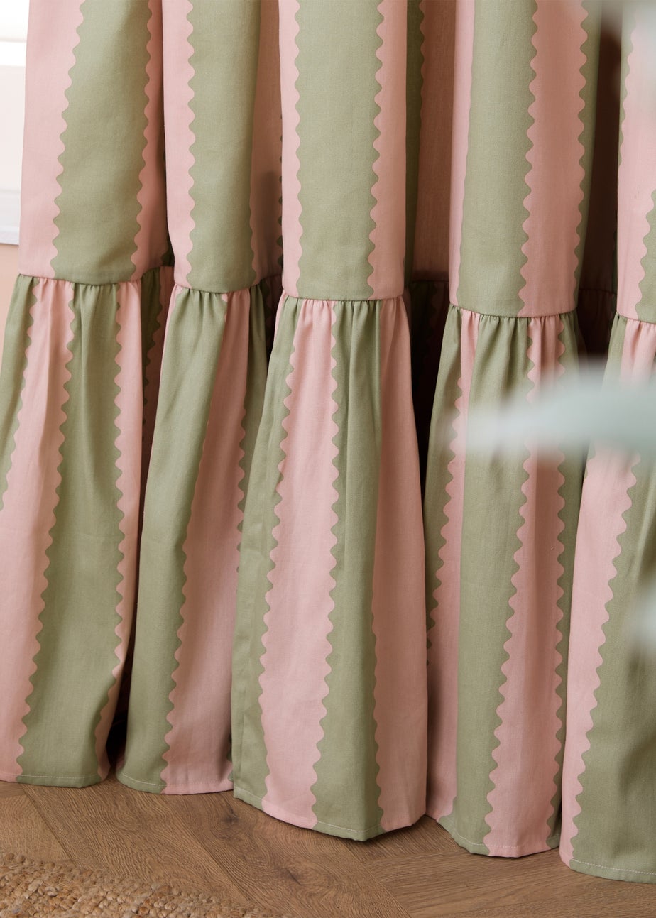 Wylder Birdie Stripe Ruffle Pink/Green Pencil Pleat Curtain Pair