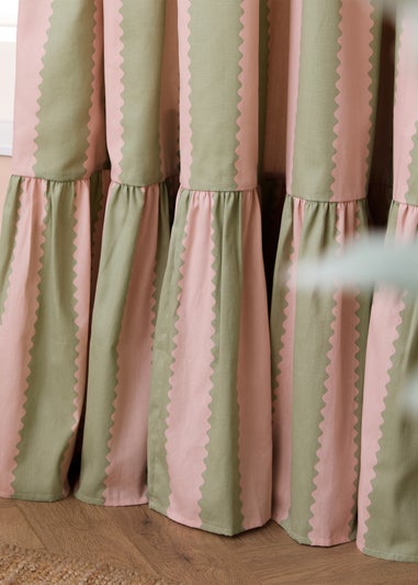 Wylder Birdie Stripe Ruffle Pink/Green Pencil Pleat Curtain Pair
