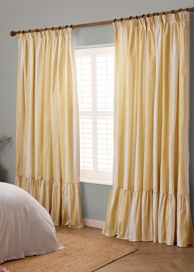 Wylder Birdie Stripe Ruffle Butter Yellow Pencil Pleat Curtain Pair
