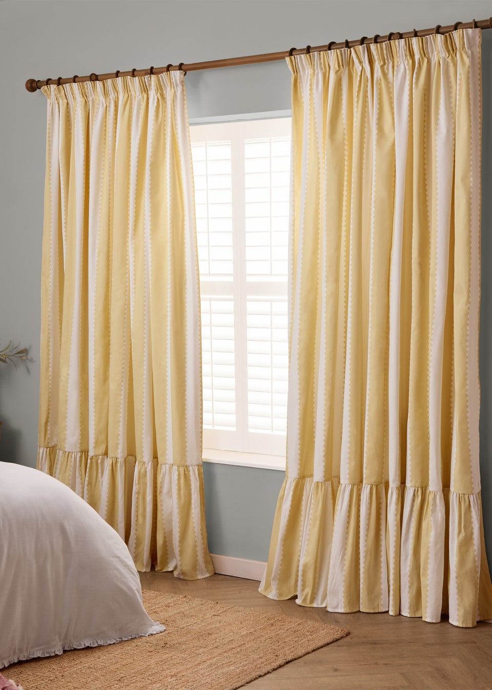 Wylder Birdie Stripe Ruffle Butter Yellow Pencil Pleat Curtain Pair