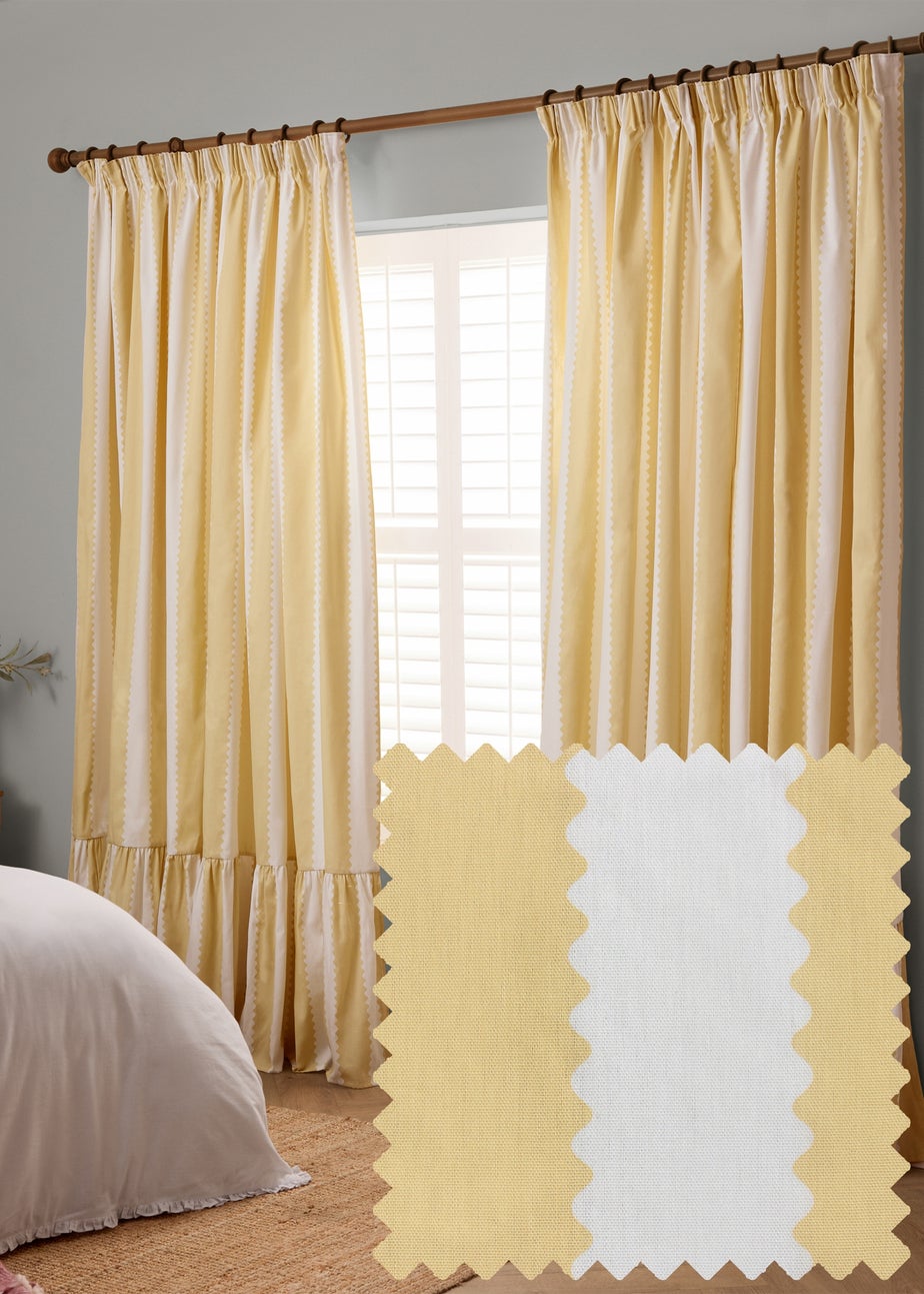 Wylder Birdie Stripe Ruffle Butter Yellow Pencil Pleat Curtain Pair