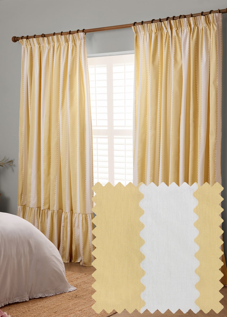 Wylder Birdie Stripe Ruffle Butter Yellow Pencil Pleat Curtain Pair