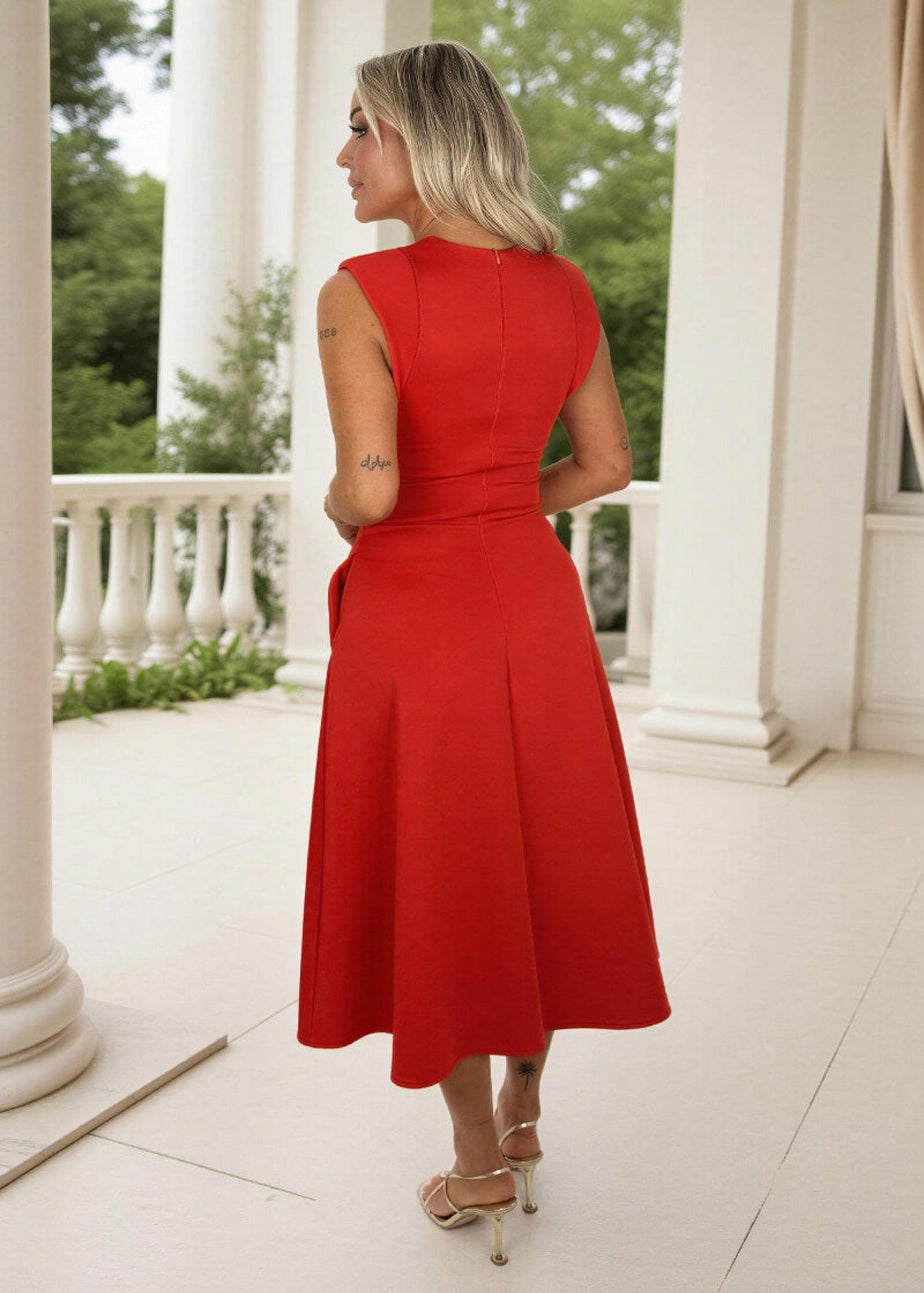 AX Paris Red Round Neck A-line Skirt Midi Dress