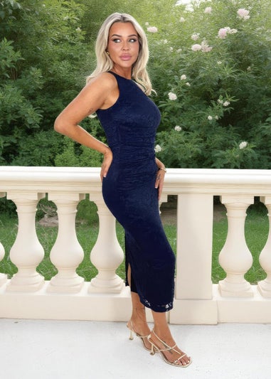 AX Paris Navy Lace Racer Neck Ruched Waist Midi Dress