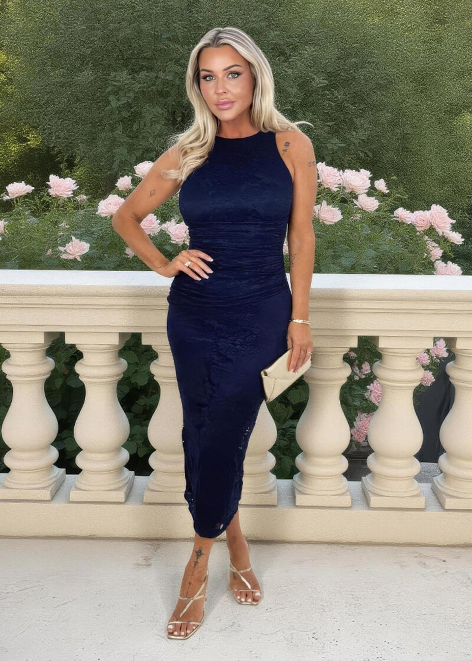 AX Paris Navy Lace Racer Neck Ruched Waist Midi Dress