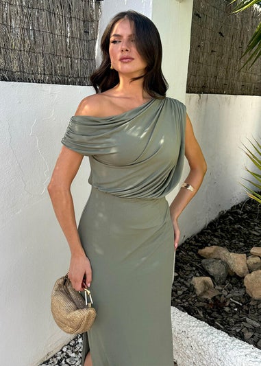 AX Paris Light Khaki Off The Shoulder Double Split Midi Dress