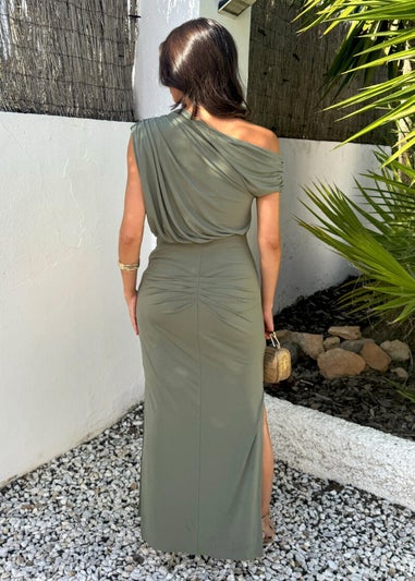AX Paris Light Khaki Off The Shoulder Double Split Midi Dress