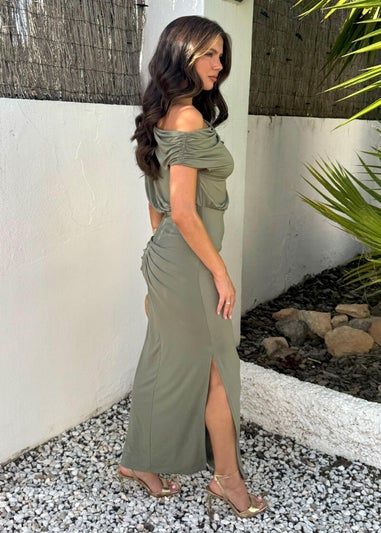 AX Paris Light Khaki Off The Shoulder Double Split Midi Dress